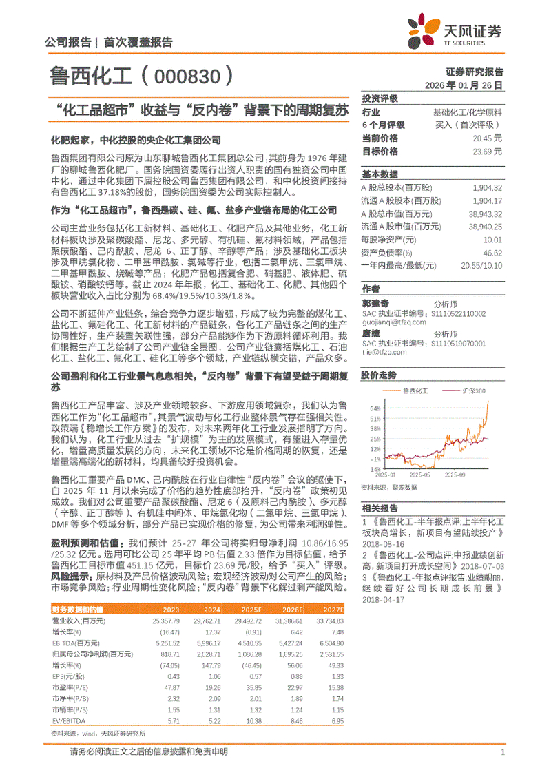 鲁西化工盘中涨2%，主力净流入3630万，近一年涨24%